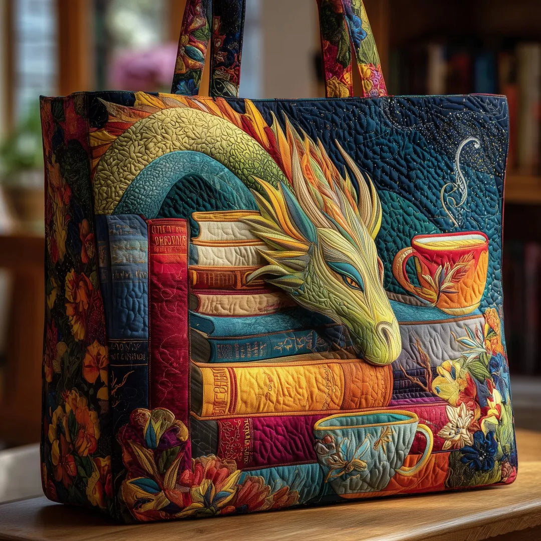 Handmade Bag - Reading Dragon with Books and Cups